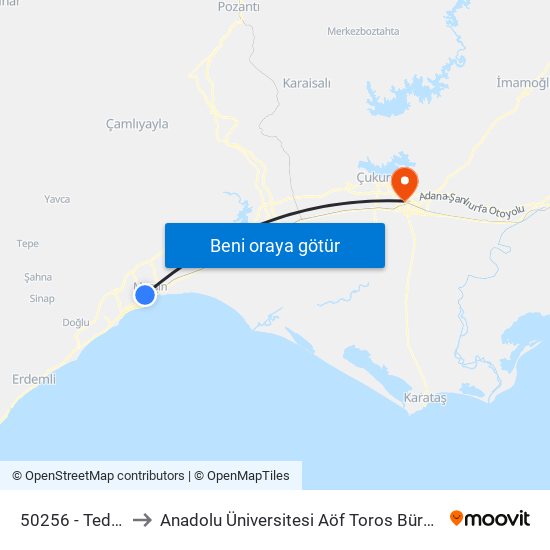 50256 - Tedaş to Anadolu Üniversitesi Aöf Toros Bürosu map