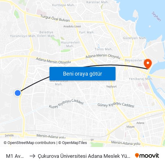 M1 Avm 3a to Çukurova Üniversitesi Adana Meslek Yüksek Okulu map