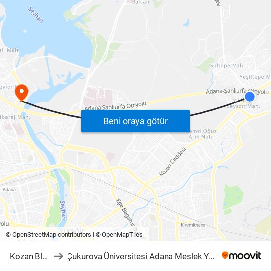 Kozan Blv. 2a to Çukurova Üniversitesi Adana Meslek Yüksek Okulu map