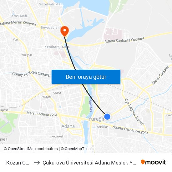 Kozan Cd. 1b to Çukurova Üniversitesi Adana Meslek Yüksek Okulu map