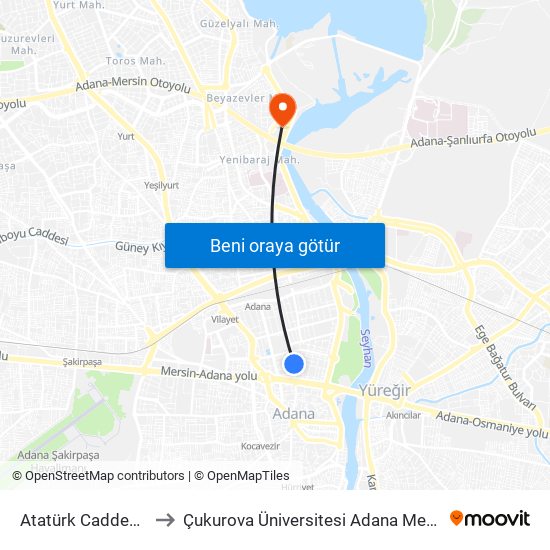 Atatürk Caddesi 2. Durak to Çukurova Üniversitesi Adana Meslek Yüksek Okulu map