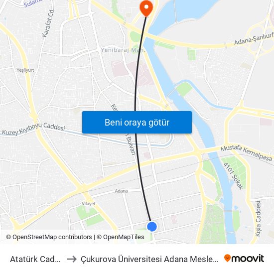 Atatürk Caddesi 3a to Çukurova Üniversitesi Adana Meslek Yüksek Okulu map