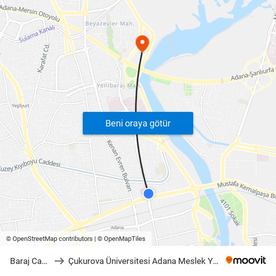 Baraj Cad. 1a to Çukurova Üniversitesi Adana Meslek Yüksek Okulu map