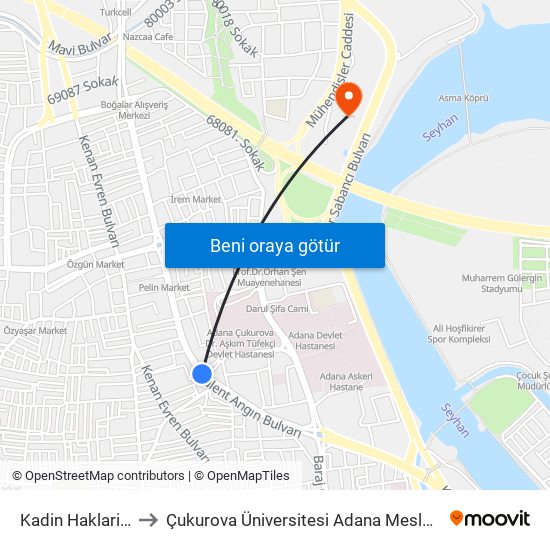 Kadin Haklari Duraği to Çukurova Üniversitesi Adana Meslek Yüksek Okulu map
