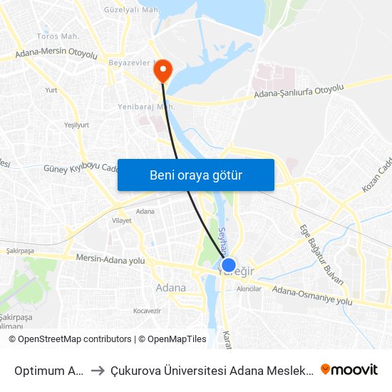 Optimum Avm 1b to Çukurova Üniversitesi Adana Meslek Yüksek Okulu map