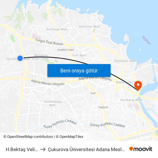 H.Bektaş Veli Blv. 1b to Çukurova Üniversitesi Adana Meslek Yüksek Okulu map