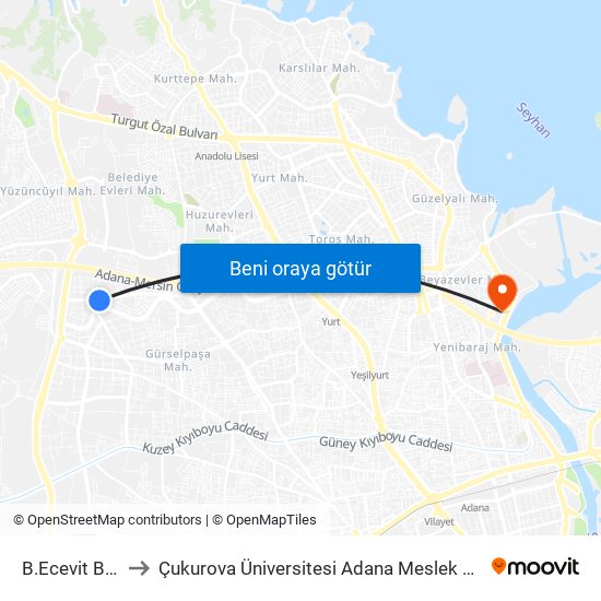 B.Ecevit Blv. 4b to Çukurova Üniversitesi Adana Meslek Yüksek Okulu map