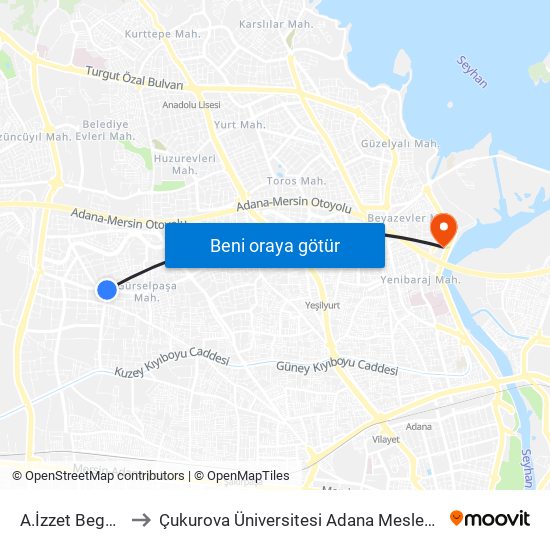 A.İzzet Begoviç 5b to Çukurova Üniversitesi Adana Meslek Yüksek Okulu map