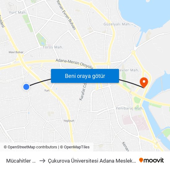 Mücahitler Cd. 1a to Çukurova Üniversitesi Adana Meslek Yüksek Okulu map