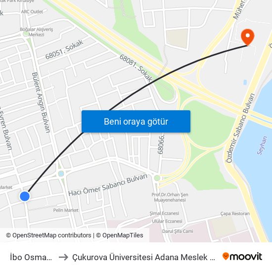 İbo Osman - 15 to Çukurova Üniversitesi Adana Meslek Yüksek Okulu map