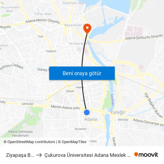 Ziyapaşa Blv. 1b to Çukurova Üniversitesi Adana Meslek Yüksek Okulu map