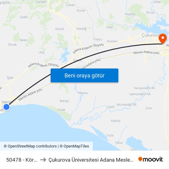 50478 - Kör Yusuf to Çukurova Üniversitesi Adana Meslek Yüksek Okulu map