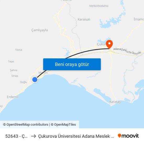 52643 - Çeşme to Çukurova Üniversitesi Adana Meslek Yüksek Okulu map