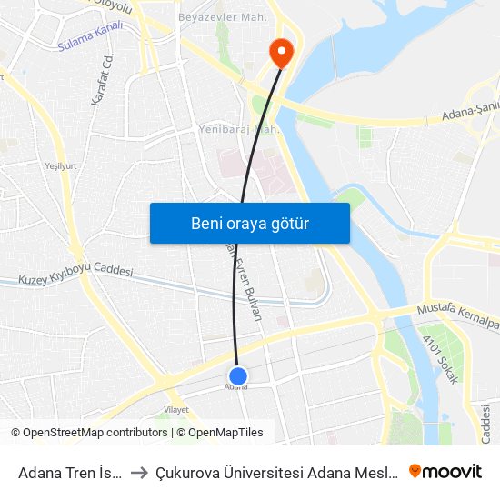 Adana Tren İstasyonu to Çukurova Üniversitesi Adana Meslek Yüksek Okulu map