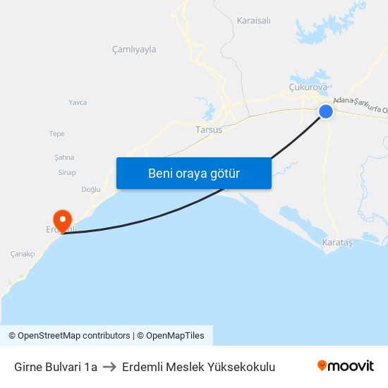 Girne Bulvari 1a to Erdemli Meslek Yüksekokulu map