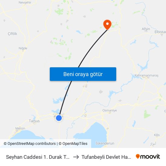 Seyhan Caddesi 1. Durak Taşköprü to Tufanbeyli Devlet Hastanesi map