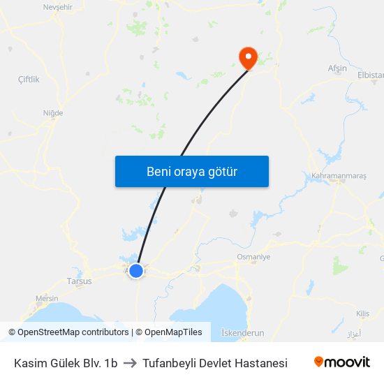 Kasim Gülek Blv. 1b to Tufanbeyli Devlet Hastanesi map