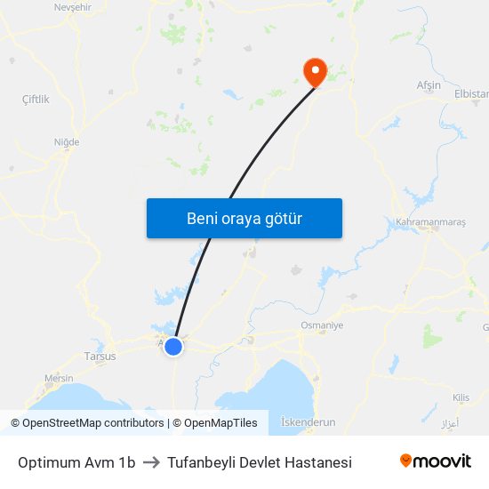 Optimum Avm 1b to Tufanbeyli Devlet Hastanesi map