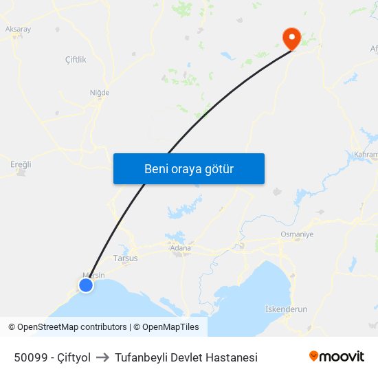 50099 - Çiftyol to Tufanbeyli Devlet Hastanesi map