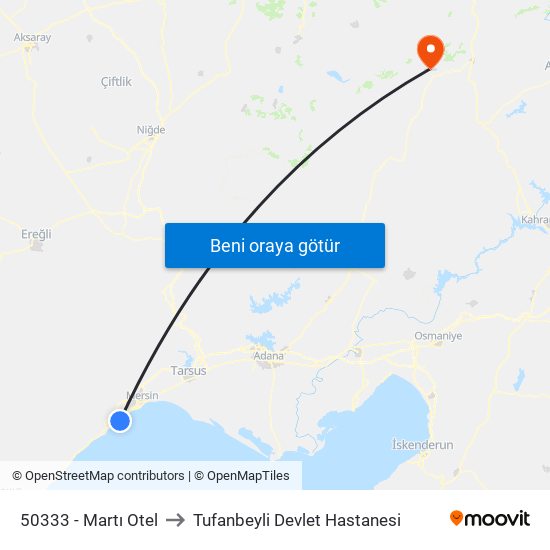 50333 - Martı Otel to Tufanbeyli Devlet Hastanesi map