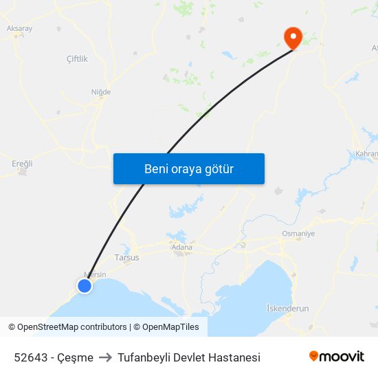 52643 - Çeşme to Tufanbeyli Devlet Hastanesi map