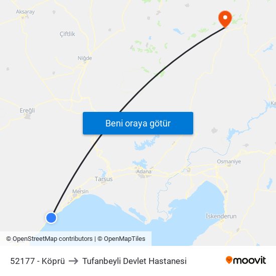 52177 - Köprü to Tufanbeyli Devlet Hastanesi map