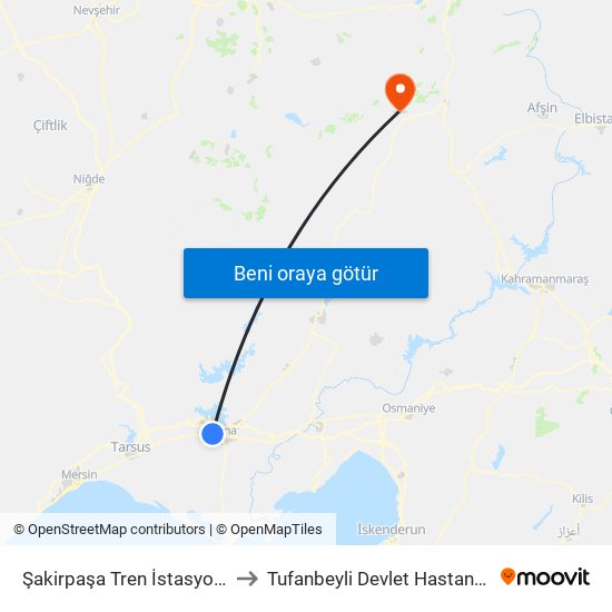 Şakirpaşa Tren İstasyonu to Tufanbeyli Devlet Hastanesi map