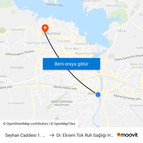 Seyhan Caddesi 1. Durak Taşköprü to Dr. Ekrem Tok Ruh Sağlığı Hastalıkları Hastanesi map