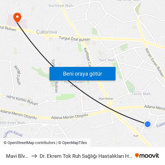 Mavi Blv. 4a to Dr. Ekrem Tok Ruh Sağlığı Hastalıkları Hastanesi map