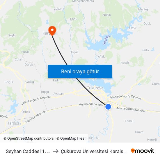 Seyhan Caddesi 1. Durak Taşköprü to Çukurova Üniversitesi Karaisalı Meslek Yüksek Okulu map