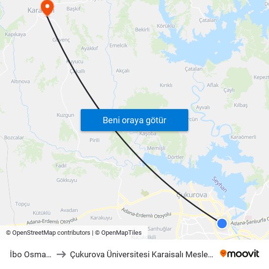 İbo Osman - 15 to Çukurova Üniversitesi Karaisalı Meslek Yüksek Okulu map