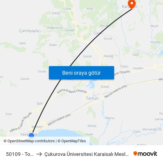 50109 - Topçular to Çukurova Üniversitesi Karaisalı Meslek Yüksek Okulu map