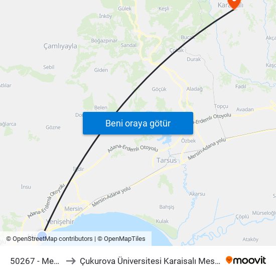 50267 - Mezitli Hali to Çukurova Üniversitesi Karaisalı Meslek Yüksek Okulu map