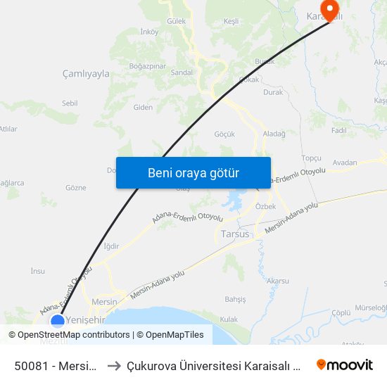 50081 - Mersin Kız Yurdu to Çukurova Üniversitesi Karaisalı Meslek Yüksek Okulu map