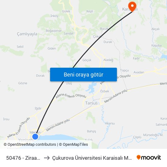 50476 - Ziraat Bankası to Çukurova Üniversitesi Karaisalı Meslek Yüksek Okulu map