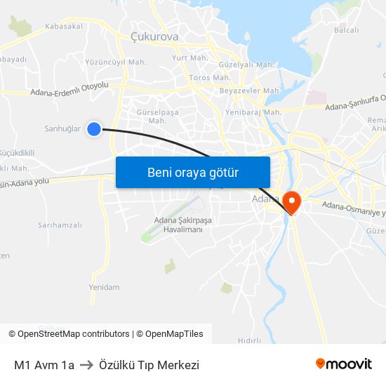 M1 Avm 1a to Özülkü Tıp Merkezi map