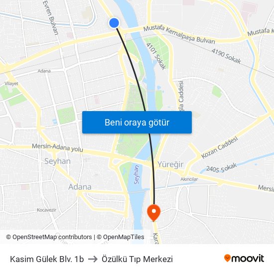 Kasim Gülek Blv. 1b to Özülkü Tıp Merkezi map