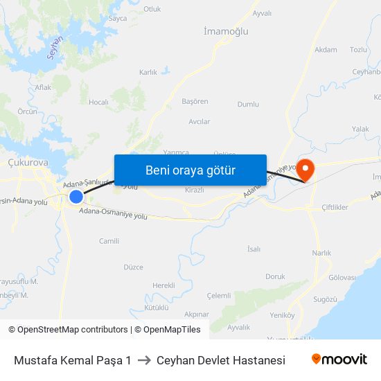 Mustafa Kemal Paşa 1 to Ceyhan Devlet Hastanesi map