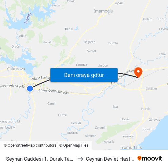 Seyhan Caddesi 1. Durak Taşköprü to Ceyhan Devlet Hastanesi map