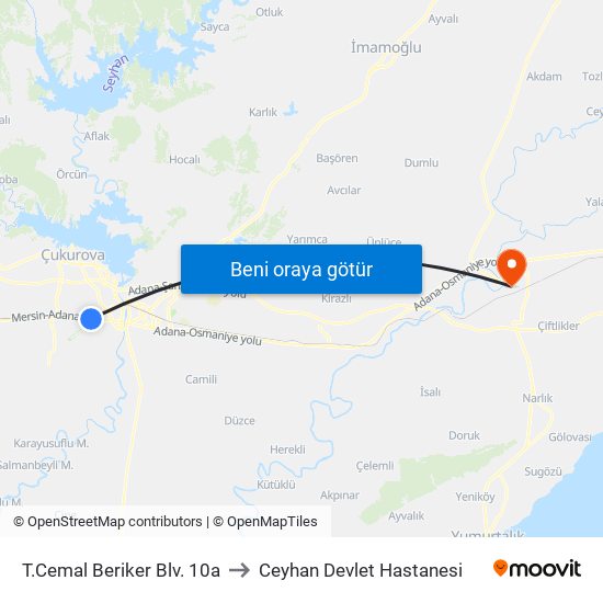 T.Cemal Beriker Blv. 10a to Ceyhan Devlet Hastanesi map