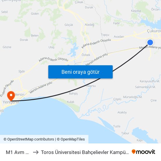 M1 Avm 2a to Toros Üniversitesi Bahçelievler Kampüsü map