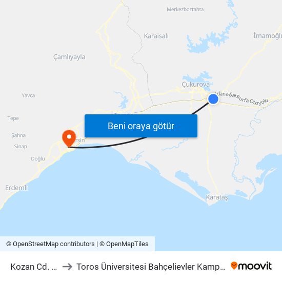 Kozan Cd. 8a to Toros Üniversitesi Bahçelievler Kampüsü map