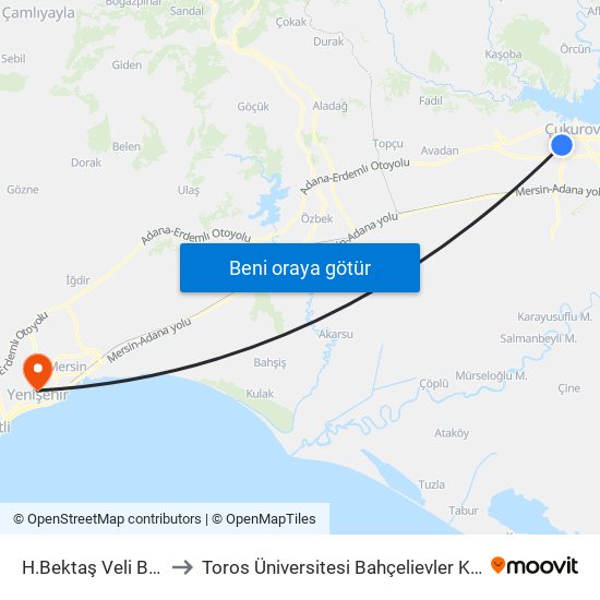 H.Bektaş Veli Blv. 1b to Toros Üniversitesi Bahçelievler Kampüsü map