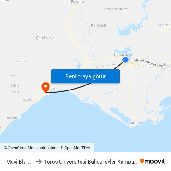 Mavi Blv. 4a to Toros Üniversitesi Bahçelievler Kampüsü map