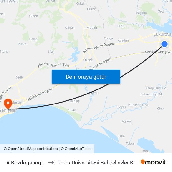 A.Bozdoğanoğlu 5a to Toros Üniversitesi Bahçelievler Kampüsü map