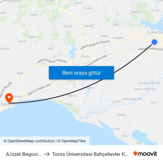 A.İzzet Begoviç 5b to Toros Üniversitesi Bahçelievler Kampüsü map