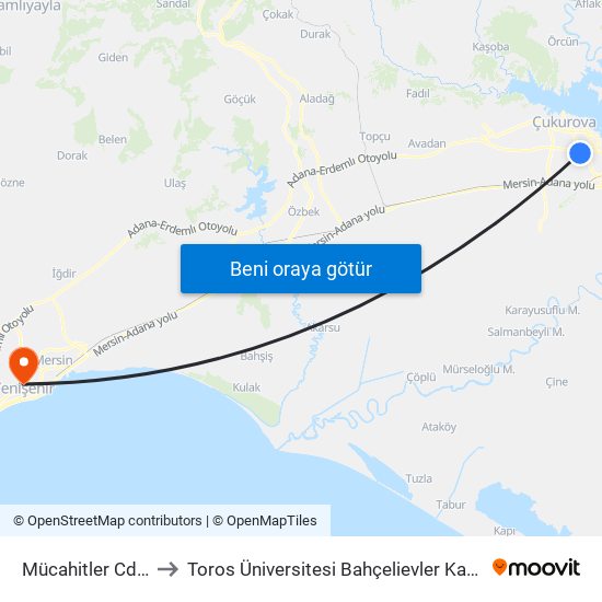 Mücahitler Cd. 1a to Toros Üniversitesi Bahçelievler Kampüsü map