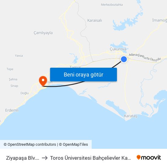 Ziyapaşa Blv. 1b to Toros Üniversitesi Bahçelievler Kampüsü map