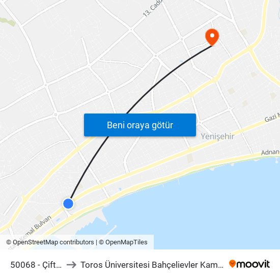 50068 - Çiftyol to Toros Üniversitesi Bahçelievler Kampüsü map