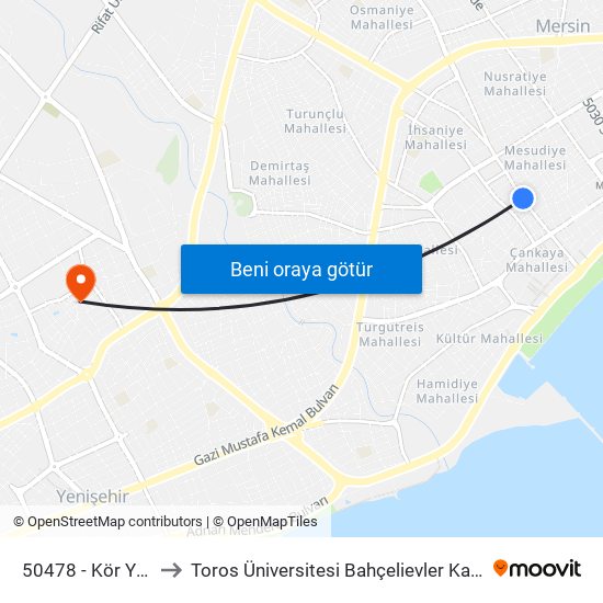 50478 - Kör Yusuf to Toros Üniversitesi Bahçelievler Kampüsü map